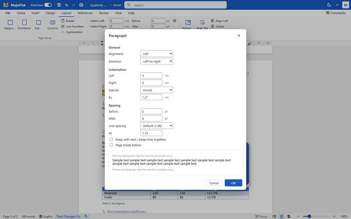 Paragraph dialog